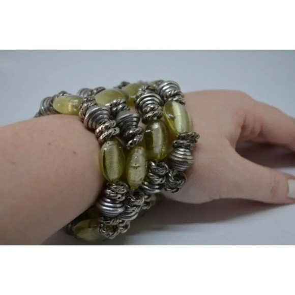 Stackable  Green Glass Silver Bracelets Chunky - Picture 4 of 9